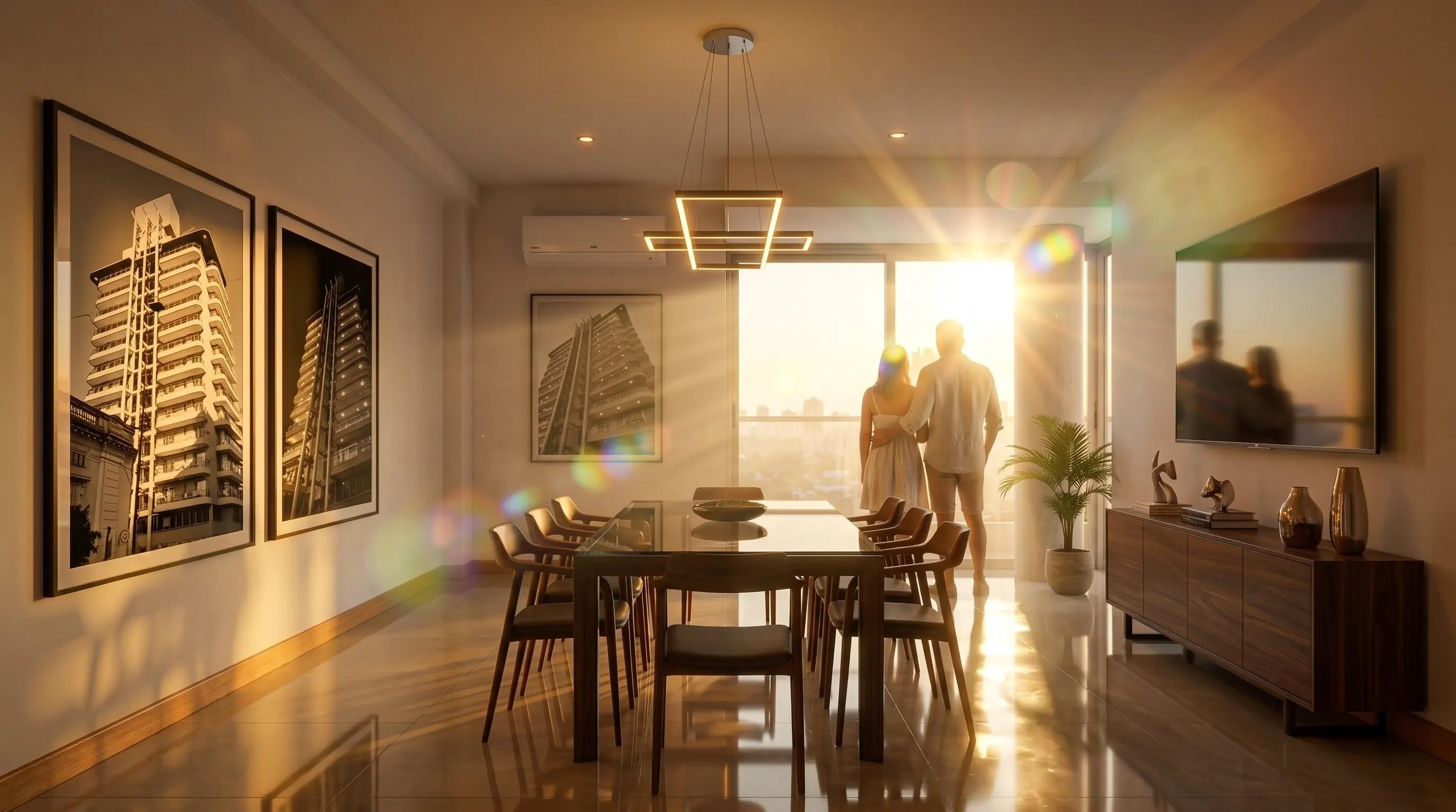 Comedor con mesa, sillas y cuadro decorativo al atardecer