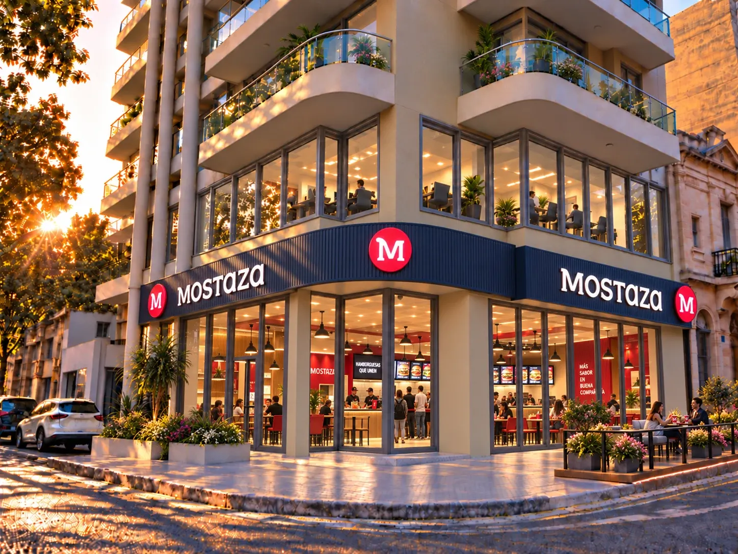 Render del local comercial en la ochava de Panorama XXI, ambientado como local de comida rápida