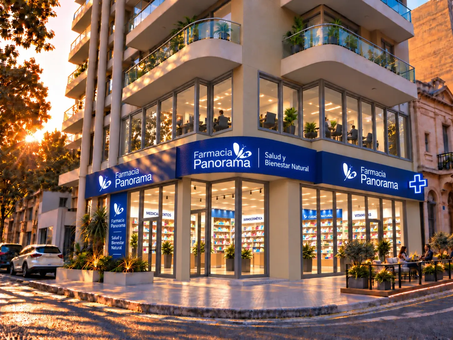 Render del local comercial en la ochava de Panorama XXI, sobre Primero de Mayo e Yrigoyen