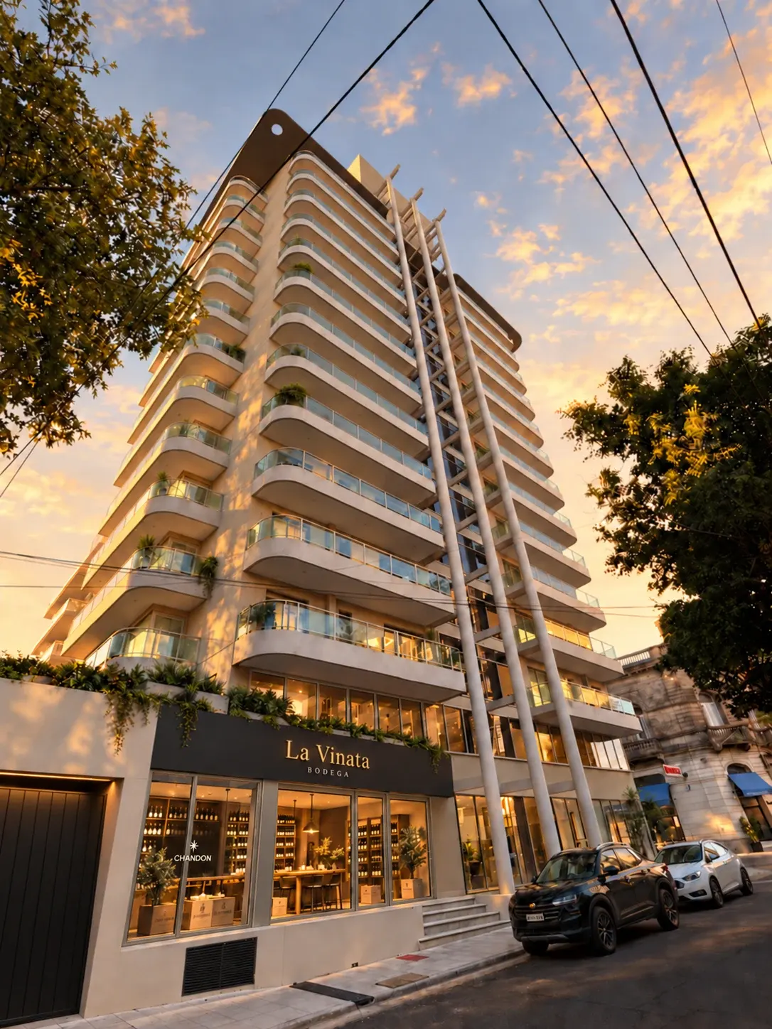Render de la fachada de Panorama XXI, con el local comercial sobre calle Yrigoyen junto al acceso principal por rampa