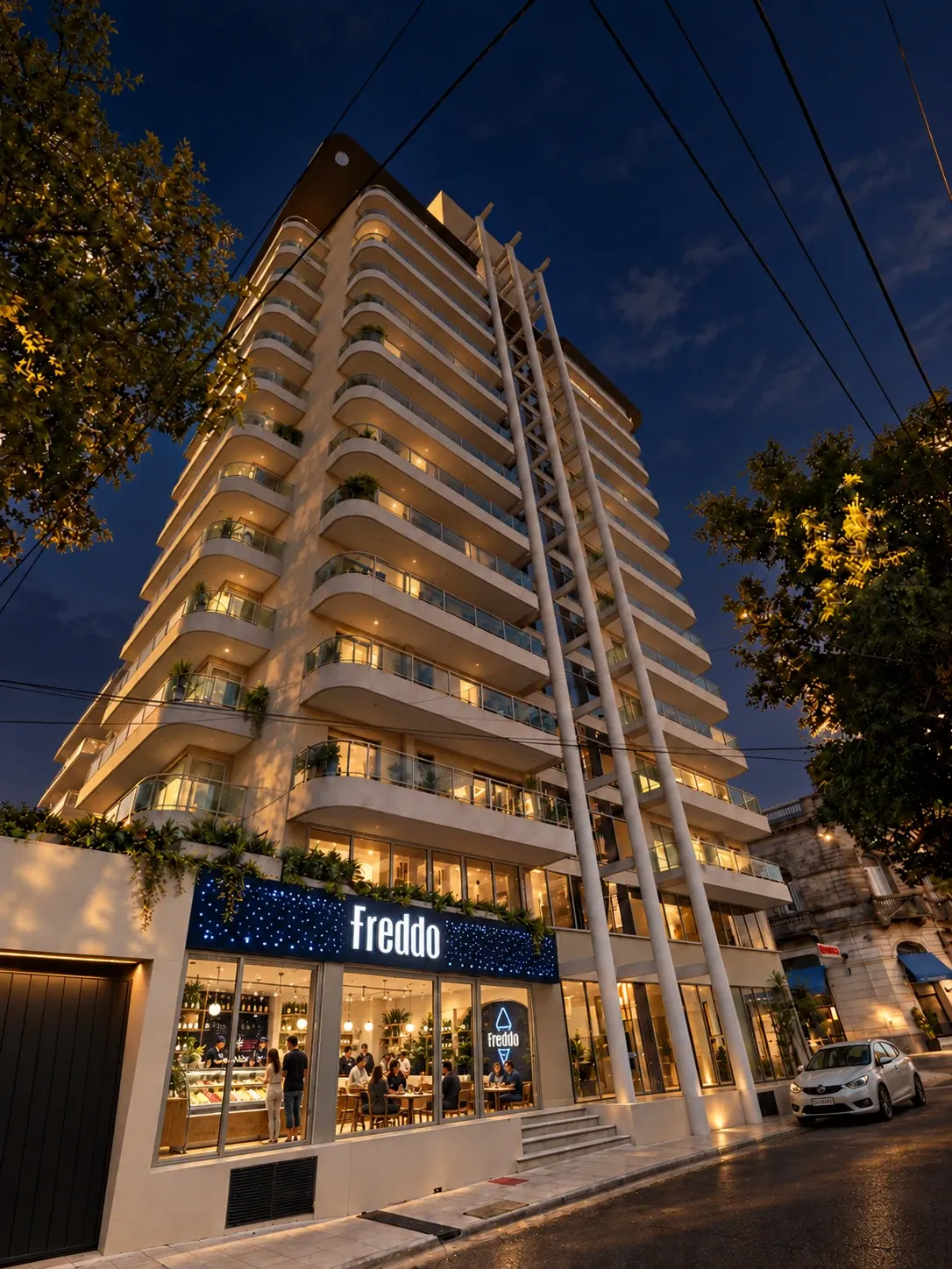 Render de la fachada de Panorama XXI, con el local comercial ambientado como heladería